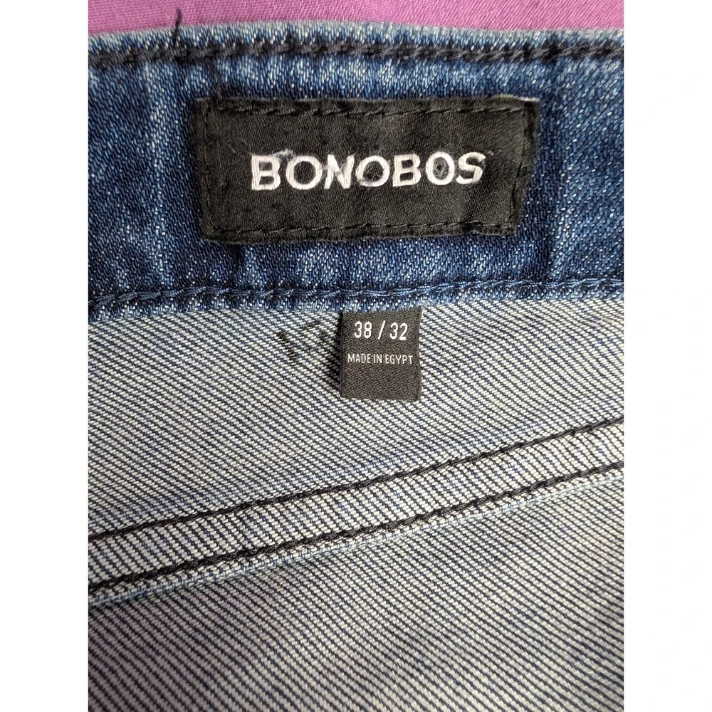 BONOBOS Jean 38x29 Blue Slim Fit Dark Wash Denim Straight Leg Whisker Fade